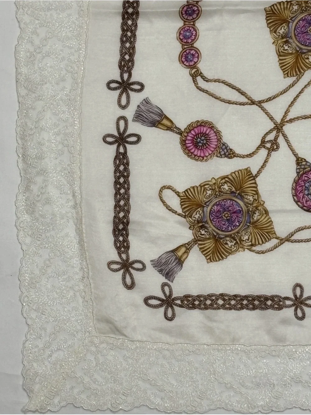 Celine Ivory Cotton 23 inch Scarf with Pink and Gold Medallion Motif Rope Tassel